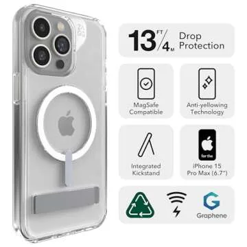 ZAGG Crystal Palace Snap iPhone 15 Pro Max Clear Phone Case w/Built-in Kickstand - Drop Protection (...
