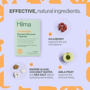 Hilma Stomach Recover and Hydrate, Organic Electrolytes Powder for Hydration w/Prebiotics and Gastroprotective Herbs, Rebalance Gut w/Goji Berry and Coconut Water, Doctor-Formulated, 7 Vegan Sachets
