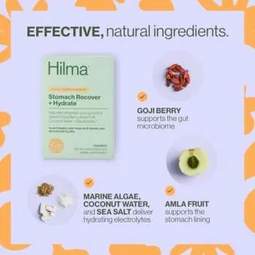Hilma Stomach Recover and Hydrate, Organic Electrolytes Powder for Hydration w/Prebiotics and Gastroprotective Herbs, Rebalance Gut w/Goji Berry and Coconut Water, Doctor-Formulated, 7 Vegan Sachets