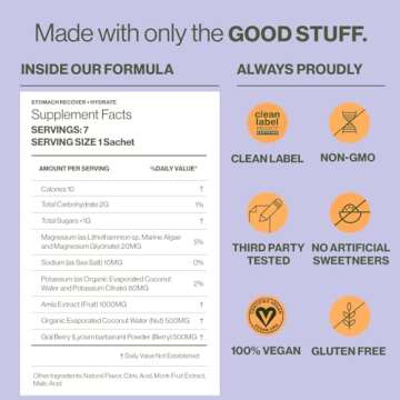 Hilma Stomach Recover and Hydrate, Organic Electrolytes Powder for Hydration w/Prebiotics and Gastroprotective Herbs, Rebalance Gut w/Goji Berry and Coconut Water, Doctor-Formulated, 7 Vegan Sachets