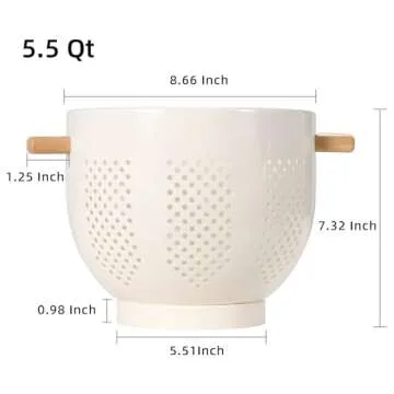 Metal Colander with Wood Handle and Stable Base, 5.5 Quart Powder Coated Steel Kitchen Strainer Bask...