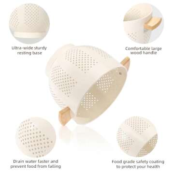 Metal Colander with Wood Handle and Stable Base, 5.5 Quart Powder Coated Steel Kitchen Strainer Basket for Draining Pasta, Vegetable and fruit,Cream