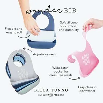 Bella Tunno Wonder Bib 2pk – Waterproof Silicone Bibs for Boys & Girls, Non-toxic & BPA Free Silicone Baby Bibs & Toddler Bibs with Adjustable Neck, Easy to Clean (The Man & Hunk)