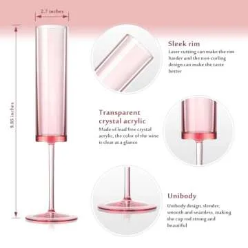 12 Pieces Pink Champagne Flutes 6 OZ Acrylic Reusable Wedding Toasting Glasses Stemmed Coupes Square...