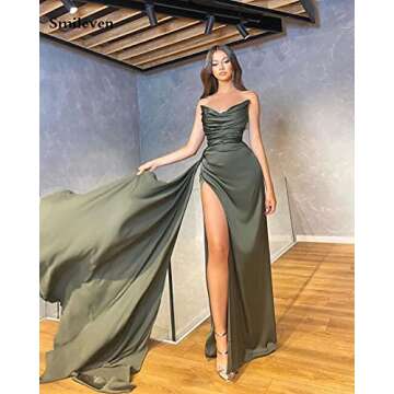 Women's Satin Mermaid Prom Dresses Long 2023 High Split Formal Evening Party Gowns Olive Green US16