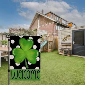 Happy St Patrick's Day Garden Flag 12x18 Inch Burlap Double Sided Green Lucky Shamrock Sign Clover Decorative Garden Flags for Home Decor