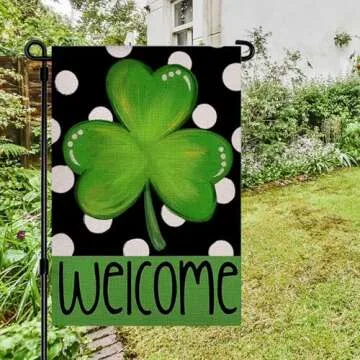 Happy St Patrick's Day Garden Flag 12x18 Inch Burlap Double Sided Green Lucky Shamrock Sign Clover Decorative Garden Flags for Home Decor