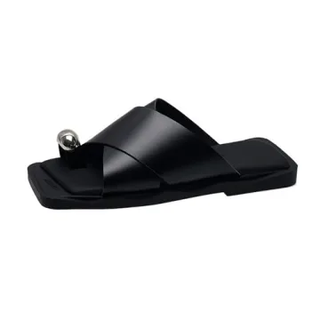 EGEBS Women’s Leather Button Toe Ring Slides - Summer Fashion & Comfort