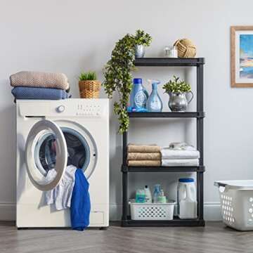 IRIS USA 4-Tier Heavy Duty Plastic Shelving Unit, 48" Tall - 40lbs per Shelf, Modular Garage Rack Storage Organizer for Home, Basement, Laundry & Utility Room, 12"D x 24"W x 48"H - Black