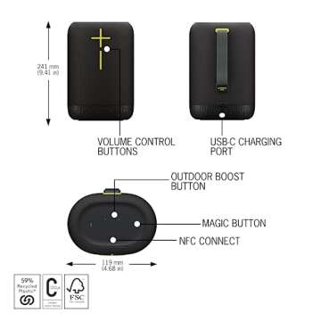 Ultimate Ears EPICBOOM, Portable Wireless Bluetooth Speaker, Big Bass and Immersive, 360-Degree Sound, Adaptive EQ, IP67 Waterproof, Floatable, 17 Hour Battery, 180 ft Range, USB C - Charcoal Black