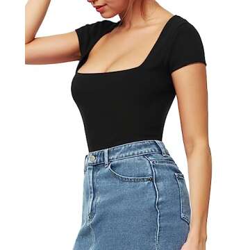 MANGOPOP Black Bodysuit Women Square Neck Short Sleeve Shirt Tops(A Black,M)