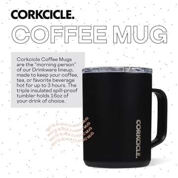 Corkcicle Triple Insulated Coffee Mug with Lid and Handle, Black, 16 oz – Stainless Steel Travel M...