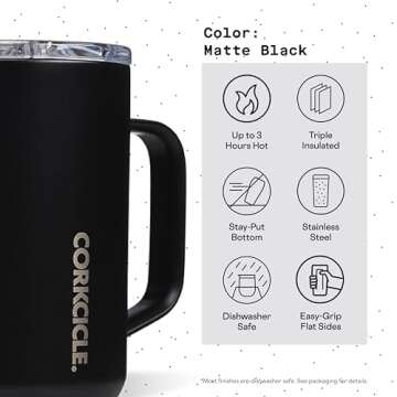 Corkcicle Triple Insulated Coffee Mug with Lid and Handle, Black, 16 oz – Stainless Steel Travel Mug Keeps Beverages Hot for 3+ Hours – Non-Slip, Easy-Grip, Spill-Resistant Tumbler