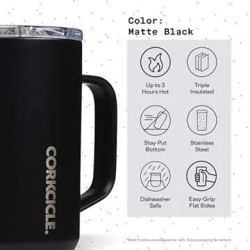 Corkcicle Triple Insulated Coffee Mug with Lid and Handle, Black, 16 oz – Stainless Steel Travel Mug Keeps Beverages Hot for 3+ Hours – Non-Slip, Easy-Grip, Spill-Resistant Tumbler