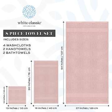 White Classic Luxury Bath Towel Set of 8 Pieces - 100% Turkish Cotton Highly Absorbent Towels for Bathroom, 2 Luxury Bath Towels 700GSM, 2 Hand Towels, 4 Washcloths, Pink