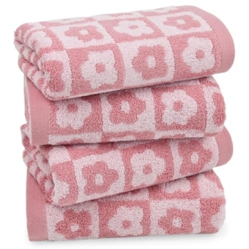 Jacquotha Cotton Hand Towels Pink Checkered Floral - Quick Drying Hand Towel Set of 4, for Women Gir...