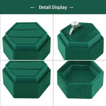 DesignSter Hexagon Velvet Ring Box - Premium Gorgeous Vintage Double Ring Display Holder with Detachable Lid Ring Bearer Box or Proposal, Engagement, Wedding, Ceremony （Emerald）