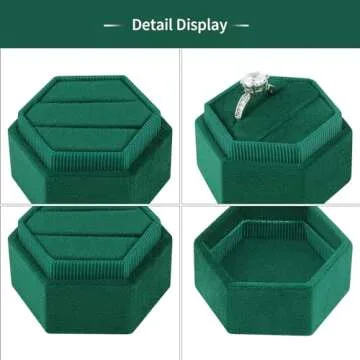 DesignSter Hexagon Velvet Ring Box - Premium Gorgeous Vintage Double Ring Display Holder with Detachable Lid Ring Bearer Box or Proposal, Engagement, Wedding, Ceremony （Emerald）