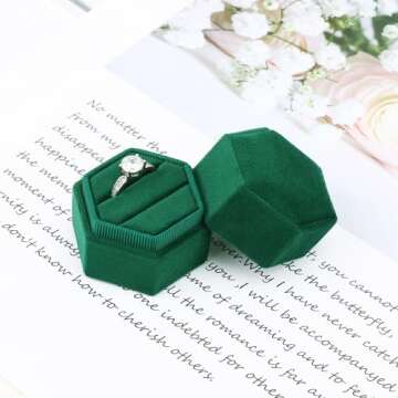 DesignSter Hexagon Velvet Ring Box - Premium Gorgeous Vintage Double Ring Display Holder with Detachable Lid Ring Bearer Box or Proposal, Engagement, Wedding, Ceremony （Emerald）