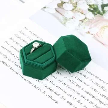 DesignSter Hexagon Velvet Ring Box - Premium Gorgeous Vintage Double Ring Display Holder with Detachable Lid Ring Bearer Box or Proposal, Engagement, Wedding, Ceremony （Emerald）