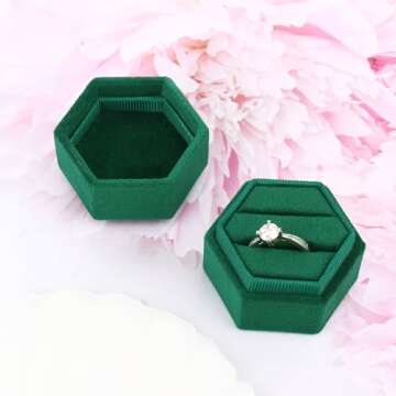 DesignSter Hexagon Velvet Ring Box - Premium Gorgeous Vintage Double Ring Display Holder with Detachable Lid Ring Bearer Box or Proposal, Engagement, Wedding, Ceremony （Emerald）