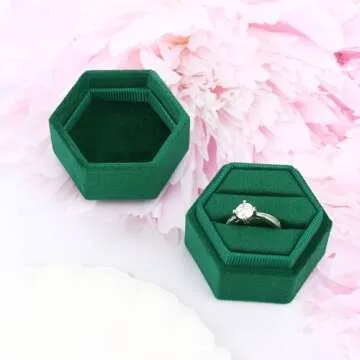 DesignSter Hexagon Velvet Ring Box - Premium Gorgeous Vintage Double Ring Display Holder with Detachable Lid Ring Bearer Box or Proposal, Engagement, Wedding, Ceremony （Emerald）