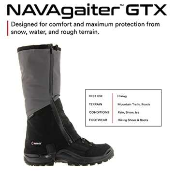 Kahtoola NAVAgaiter Tall GTX Gaiters I Waterproof Gore-TEX Boot Protection for Mountaineering, Hunting, Off-Trail Hiking in Mud, Snow & Ice - Dark Gray | Black - Medium