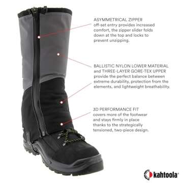 Kahtoola NAVAgaiter Tall GTX Gaiters I Waterproof Gore-TEX Boot Protection for Mountaineering, Hunting, Off-Trail Hiking in Mud, Snow & Ice - Dark Gray | Black - Medium