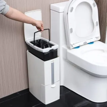 8L Slim Trash Can with Toilet Brush Holder - Modern & Space-Saving