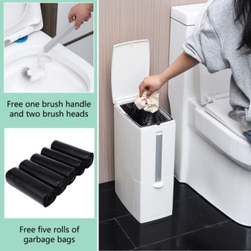 8L Slim Trash Can with Toilet Brush Holder - Modern & Space-Saving