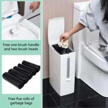 8L Slim Trash Can with Toilet Brush Holder - Modern & Space-Saving