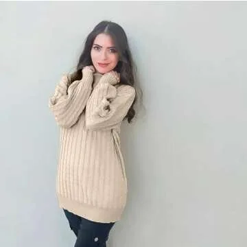 Tanou Women's High Neck Long Sleeve Cable Knit Sweater