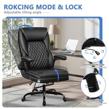 BestEra Office Chair, Executive Leather Chair Home Office Desk Chairs, Ergonomic Computer Desk Chair with Adjustable Flip-Up Arms, Lumber Support Swivel Task Chair with Rocking Function