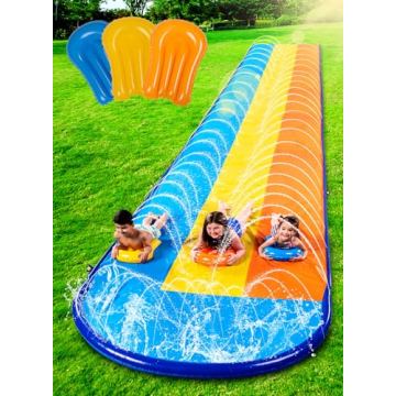 Sloosh 18ft Triple Water Slide and 3 Body Boards, Backyard Lawn Water Slides with Outdoor Slip Sprin...