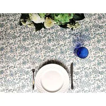 ATOSII Aster Blue 100% Cotton Square Boho Fall Tablecloth, Handblock Floral Table Cloth Linen for Kitchen Dining I Parties Wedding Outdoors Christmas Thanksgiving I Fall Home Decor 60 X 60 Inches