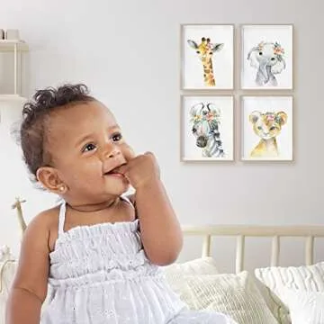 MARIA Safari Nursery Decor, Set of 4 UNFRAMED Flower Crown Watercolor Nursery Wall Art, Jungle Theme Baby Room Decor, Baby Girls & Boys Nursery Decor, Woodland Nursery Decor (8 x10 inches)