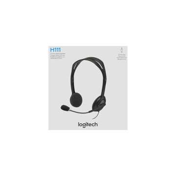 Logitech H111 Wired Headset, Stereo Headphones with Noise-Cancelling Microphone, 3.5 mm Audio Jack, PC/Mac/Laptop/Smartphone/Tablet - Black