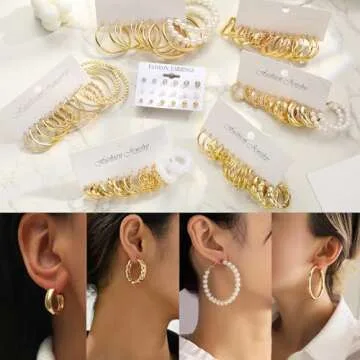45 Pairs Gold Hoop Earrings for Women Multipack, Trendy Hypoallergenic Chunky Twisted Pearl Gold Earrings Set, Fashion Statement Thick Large Stud Earings Pack Jewelry Gift (Gold-45 pairs)