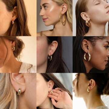45 Pairs Gold Hoop Earrings for Women Multipack, Trendy Hypoallergenic Chunky Twisted Pearl Gold Earrings Set, Fashion Statement Thick Large Stud Earings Pack Jewelry Gift (Gold-45 pairs)
