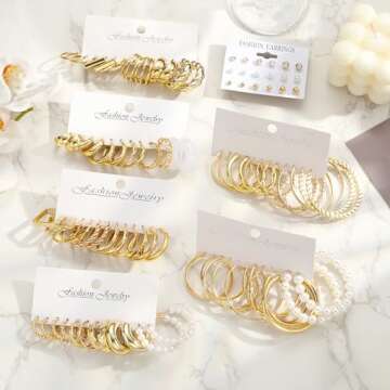 45 Pairs Gold Hoop Earrings for Women Multipack, Trendy Hypoallergenic Chunky Twisted Pearl Gold Earrings Set, Fashion Statement Thick Large Stud Earings Pack Jewelry Gift (Gold-45 pairs)