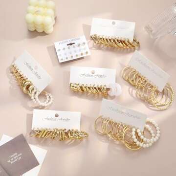 45 Pairs Gold Hoop Earrings for Women Multipack, Trendy Hypoallergenic Chunky Twisted Pearl Gold Earrings Set, Fashion Statement Thick Large Stud Earings Pack Jewelry Gift (Gold-45 pairs)