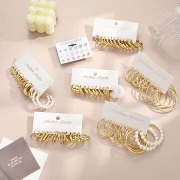45 Pairs Gold Hoop Earrings for Women Multipack, Trendy Hypoallergenic Chunky Twisted Pearl Gold Earrings Set, Fashion Statement Thick Large Stud Earings Pack Jewelry Gift (Gold-45 pairs)