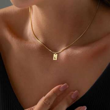 Initial K Gold Necklaces for Women Non Tarnish 14K Real Gold Plated Dainty Square Letter Charm Pendant Necklace 16.5"+2" Adjustable Waterproof Trendy Name Necklace Personalized Jewelry Gifts