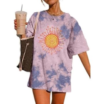 Remidoo Women's Casual Crewneck Short Sleeve Sun and Moon Print Tie Dye Oversized Graphic Top T-Shir...