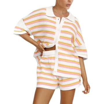 Thopavenoir Women's 2 Piece Crochet Knit Lounge Outfits Color Block Button Top and Striped Wide Leg Shorts Pajama Sets (Yellow, M)