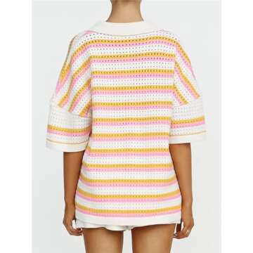 Thopavenoir Women's 2 Piece Crochet Knit Lounge Outfits Color Block Button Top and Striped Wide Leg Shorts Pajama Sets (Yellow, M)