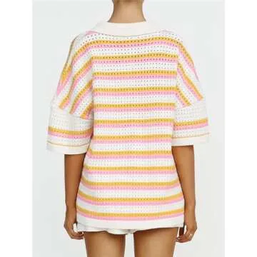 Thopavenoir Women's 2 Piece Crochet Knit Lounge Outfits Color Block Button Top and Striped Wide Leg Shorts Pajama Sets (Yellow, M)