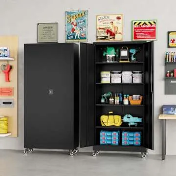 SISESOL Metal Storage Cabinet with Wheels,Rolling Garage Storage Cabinet with Lock,Black Metal Cabin...