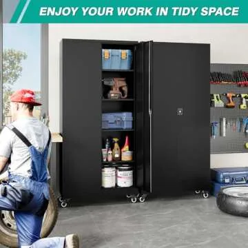 SISESOL Metal Storage Cabinet with Wheels,Rolling Garage Storage Cabinet with Lock,Black Metal Cabinets with Wheels and Shelves,Tall Tool Locker Closet on Roller for Garage,Home,Office,Shop