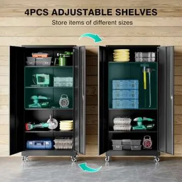 SISESOL Metal Storage Cabinet with Wheels,Rolling Garage Storage Cabinet with Lock,Black Metal Cabinets with Wheels and Shelves,Tall Tool Locker Closet on Roller for Garage,Home,Office,Shop